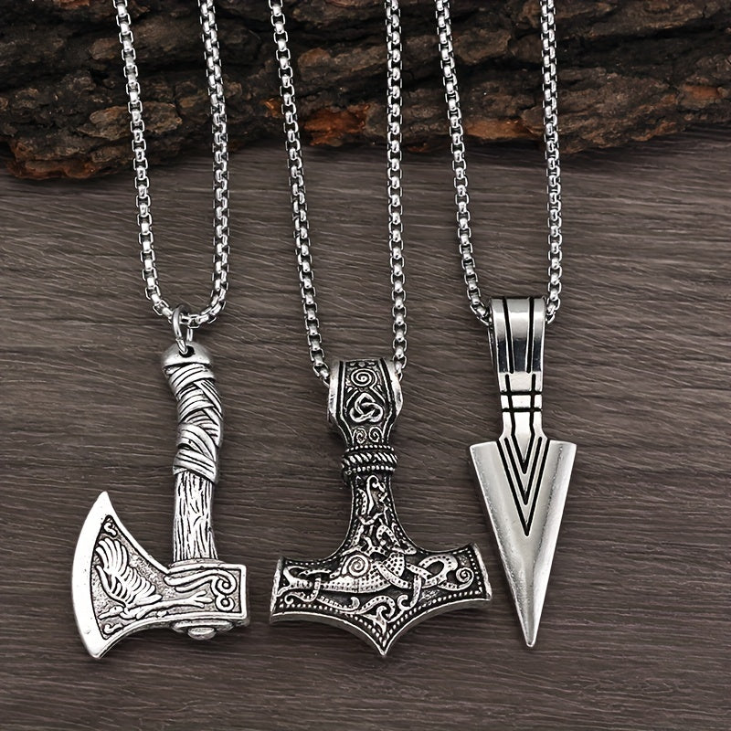 Men's Viking Necklace Set 3 Pieces with Hammer Compass Celtic Knot Wolf Axe Pendants