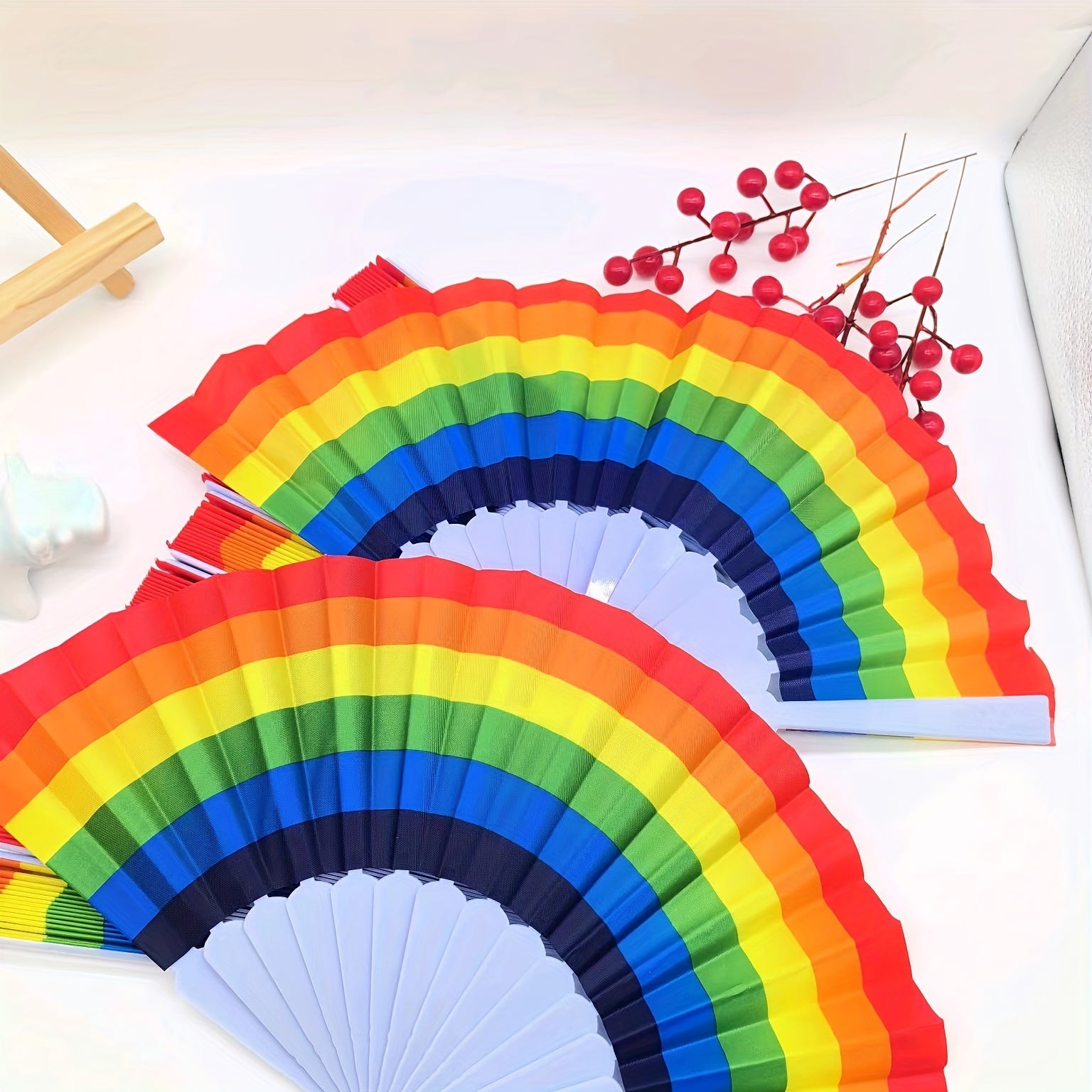 Set of 12 Rainbow Folding Fans Linen Fabric for Women Festive Party Decor