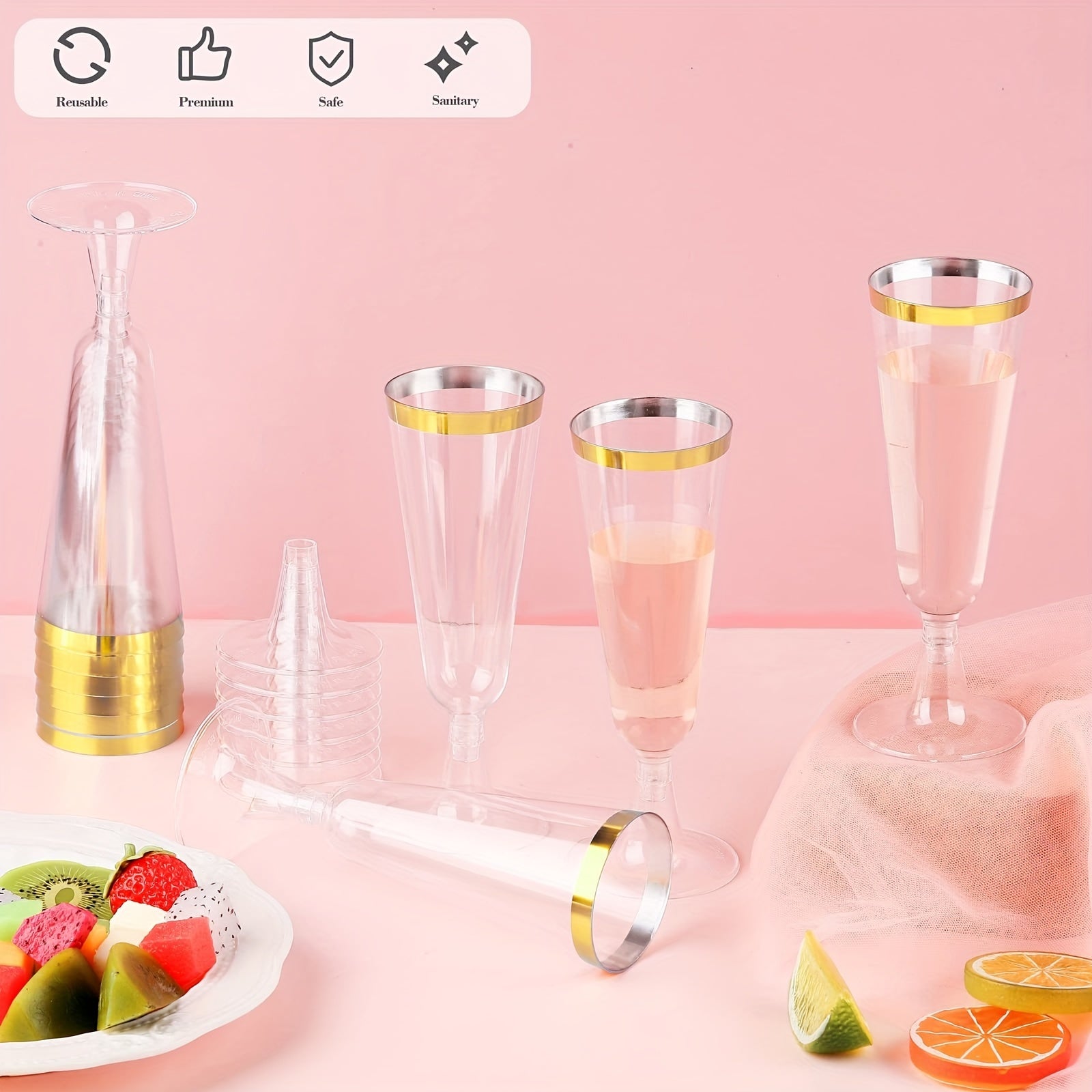 25 Pack Gold Plastic Champagne Flutes 5 Ounce Disposable Party Glasses