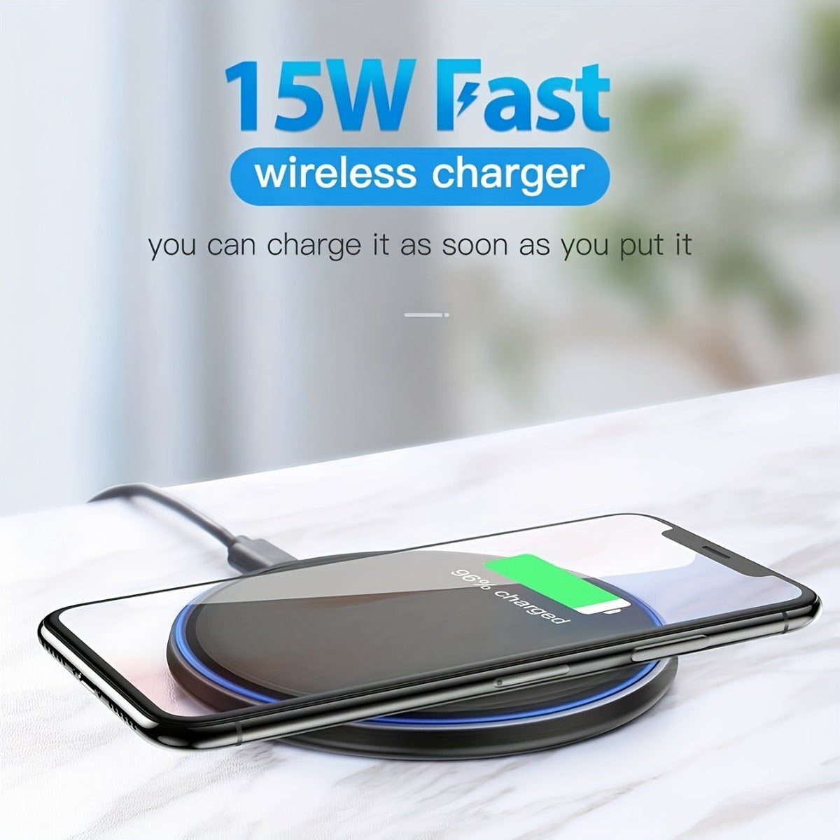 15W Fast Wireless Charger for iPhone and Galaxy Series Slim Design Bedside Office Compatible