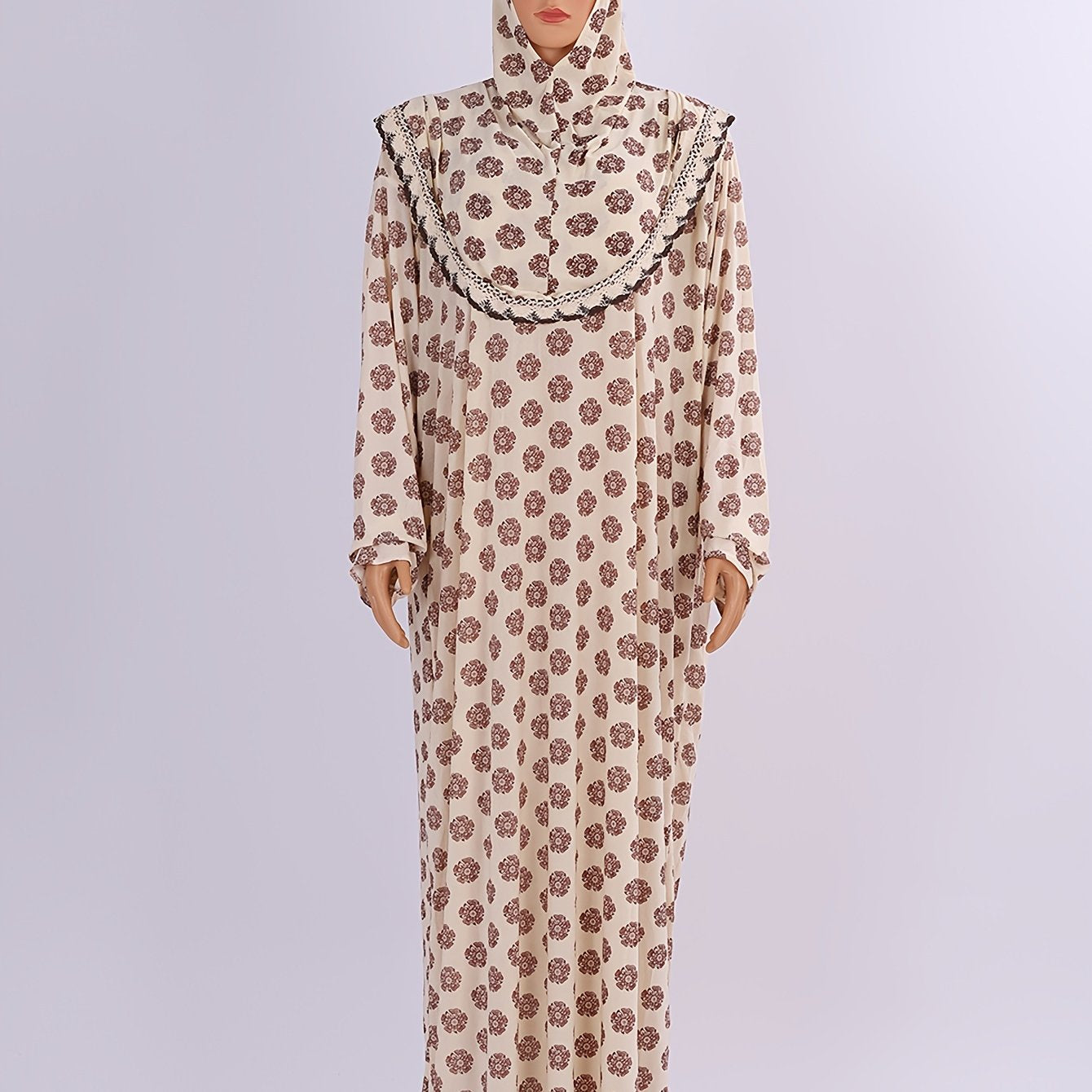 Muslim Abaya Long Sleeve Beige Floral Ruffle Neck Loose Fit All-Season