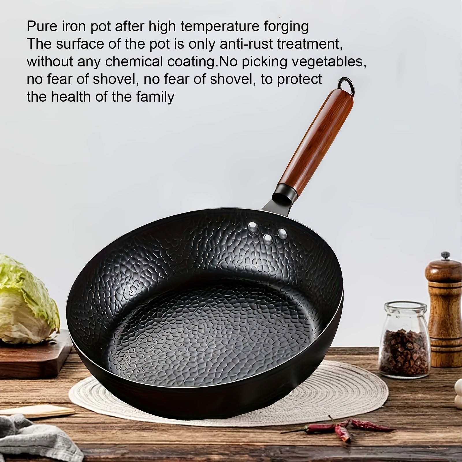 Non-Stick Cast Iron Wok Wooden Handle Hammered Flat Bottom All Stovetops