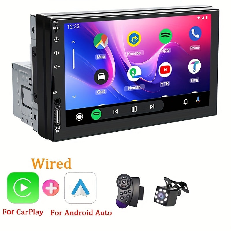 HIPPCRON Yagona DIN Avtomobil MP5 Multimedia O'yinchisi 17.78 sm HD sensorli ekran, simli CarPlay va AndroidAuto qo'llab-quvvatlash, pastki qismida Radio Box, MirrorLink va navigatsiya uchun simsiz ulanish bilan.