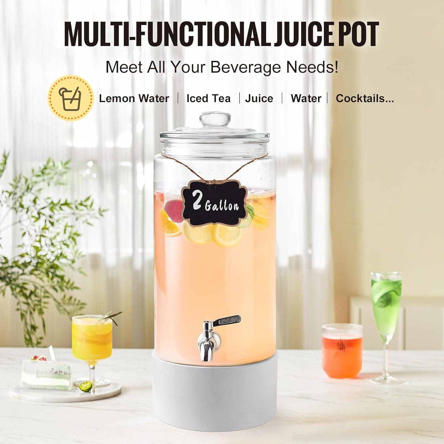 Glass Beverage Dispenser with Stainless Steel Faucet, BPA-Free, Dishwasher Safe