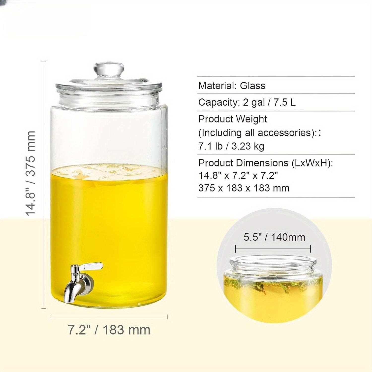 Glass Beverage Dispenser with Stainless Steel Faucet, BPA-Free, Dishwasher Safe