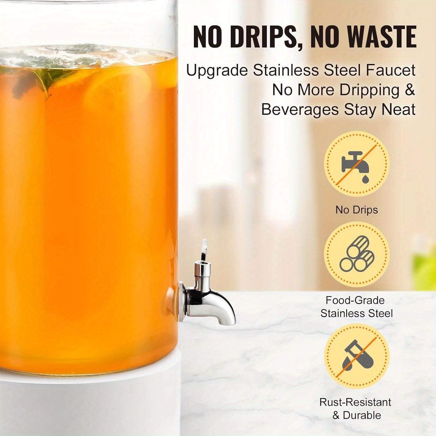 Glass Beverage Dispenser with Stainless Steel Faucet, BPA-Free, Dishwasher Safe