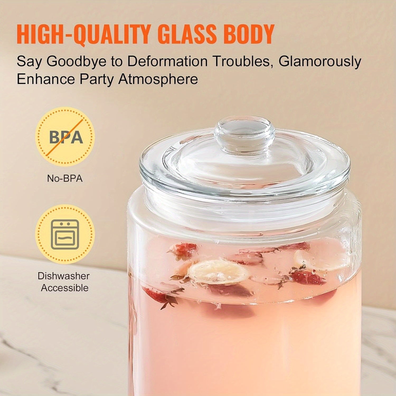 Glass Beverage Dispenser with Stainless Steel Faucet, BPA-Free, Dishwasher Safe