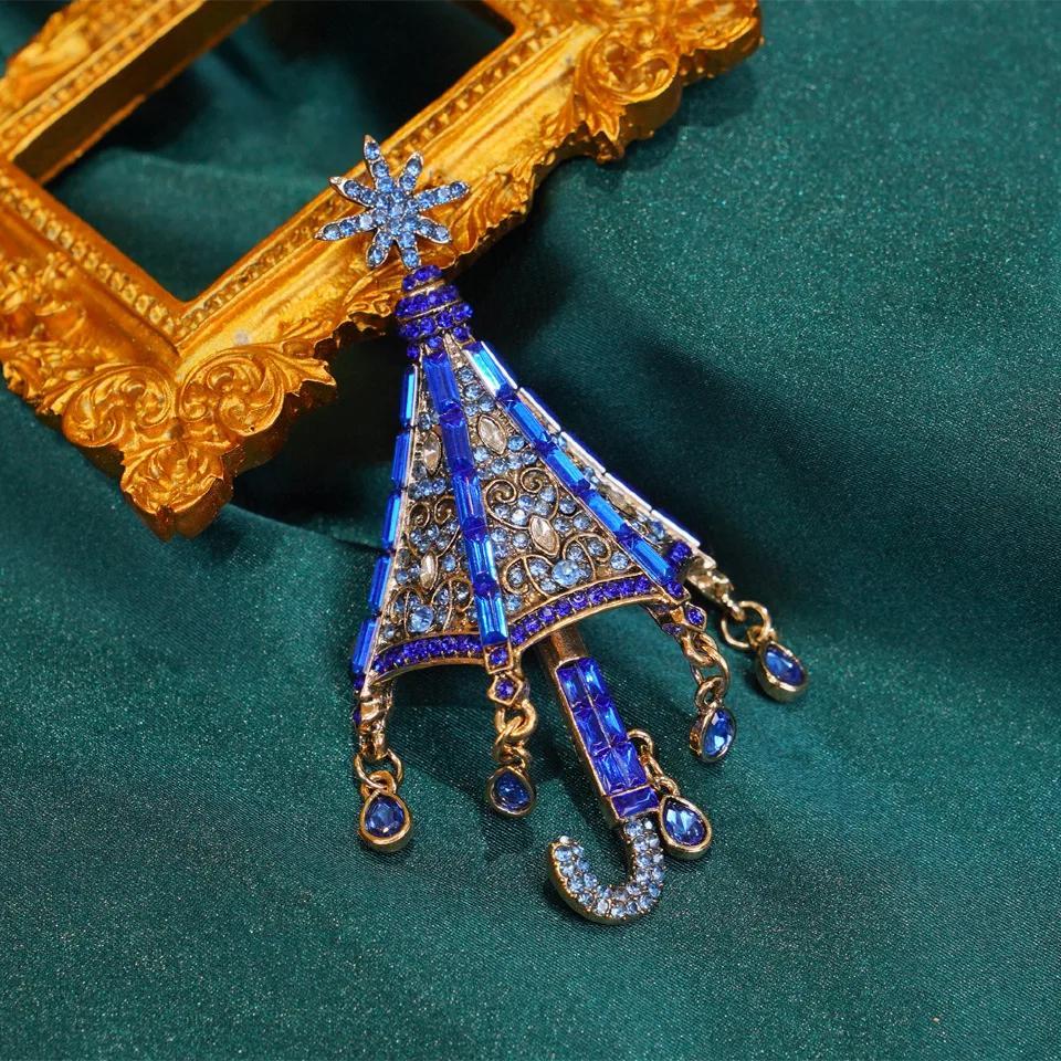 Elegant Rhinestone Umbrella Brooch Pin with Crystal Pendant Jewelry Accessory
