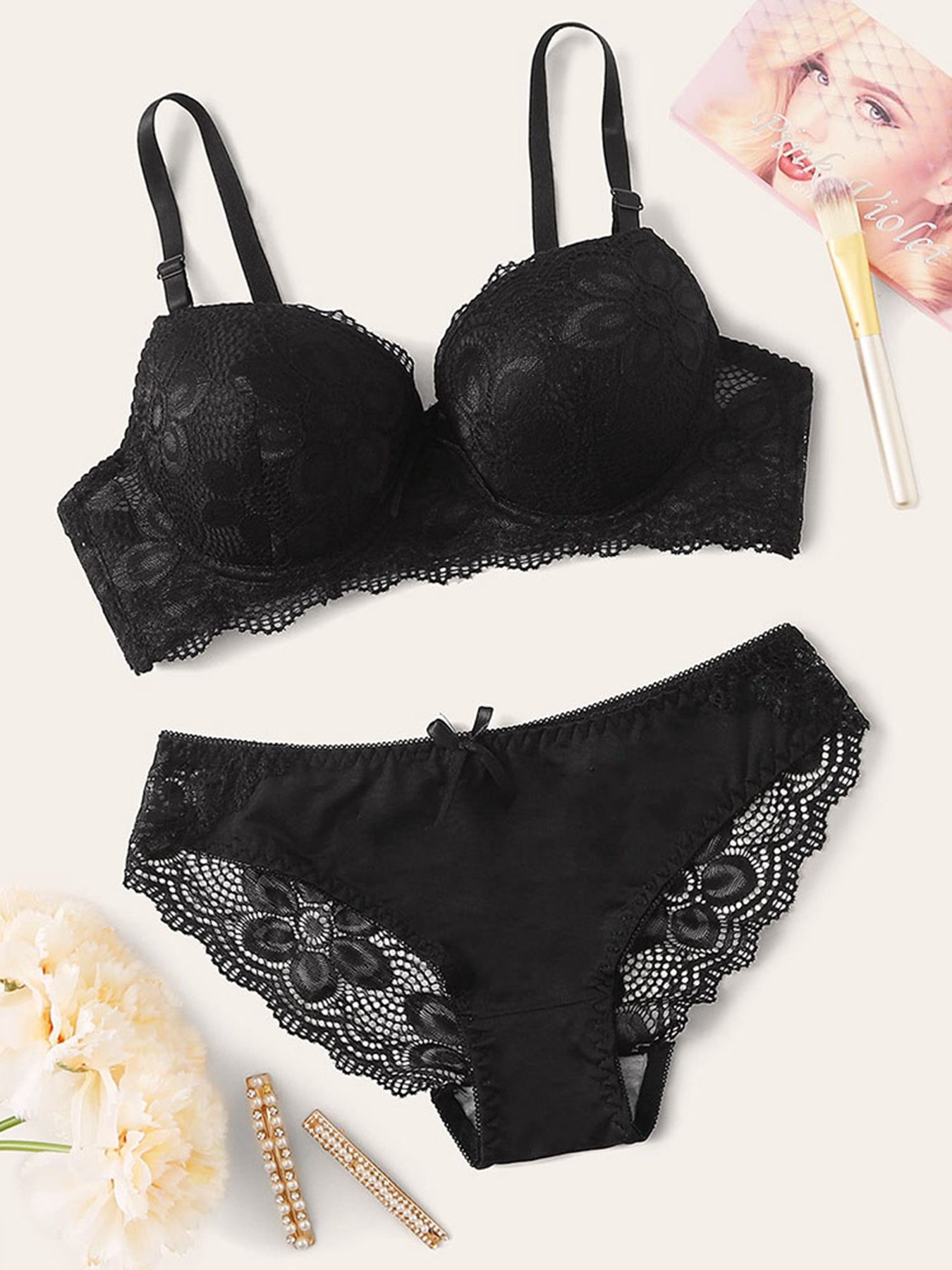Women's Floral Lace Underwire Cami Bra and Panties Set Sexy Lingerie
