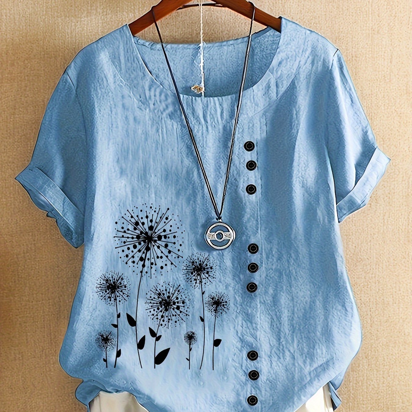 Plus Size Women's Floral Print Short Sleeve Blouse Polyester Blend Light Blue Casual Shirt