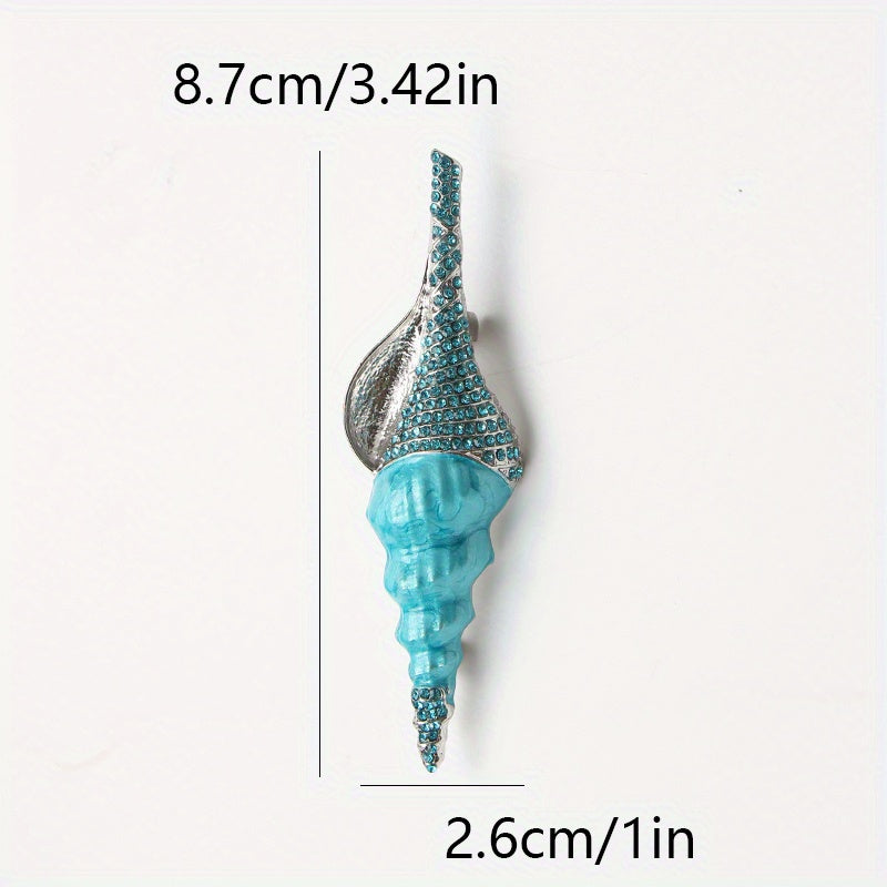 Vintage Turquoise Conch Shell Brooch with Rhinestones and Drip Oil Details