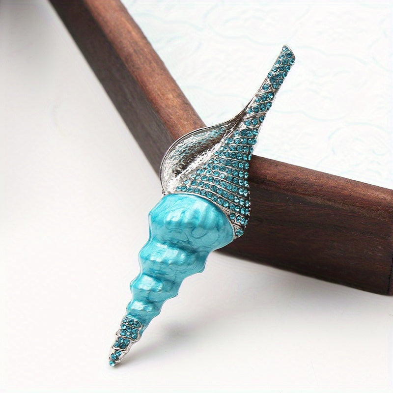 Vintage Turquoise Conch Shell Brooch with Rhinestones and Drip Oil Details
