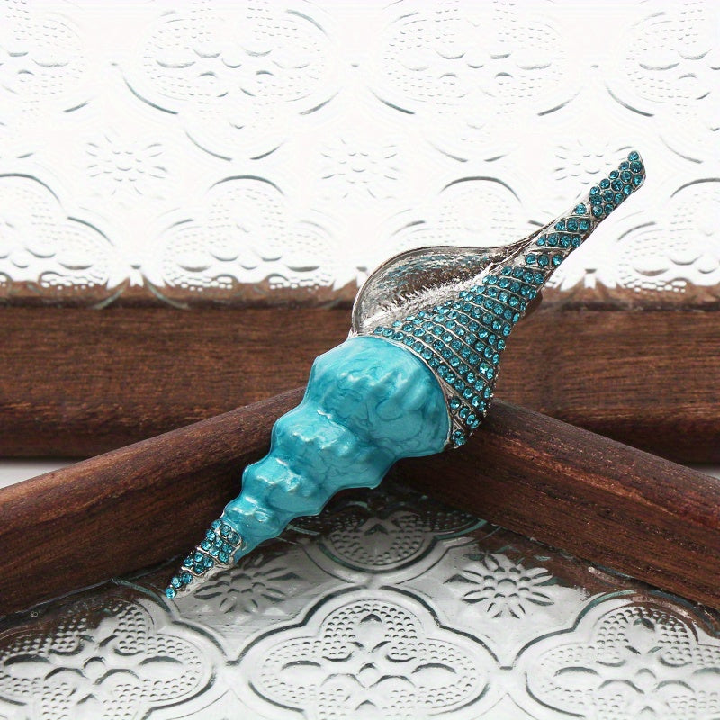 Vintage Turquoise Conch Shell Brooch with Rhinestones and Drip Oil Details