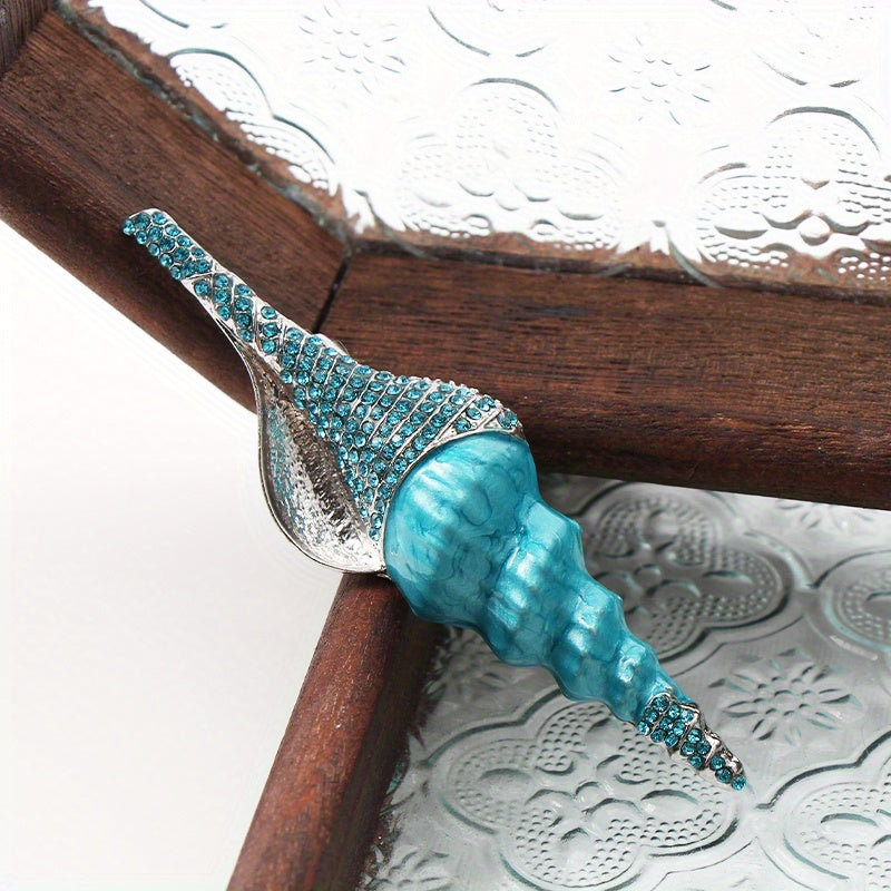 Vintage Turquoise Conch Shell Brooch with Rhinestones and Drip Oil Details