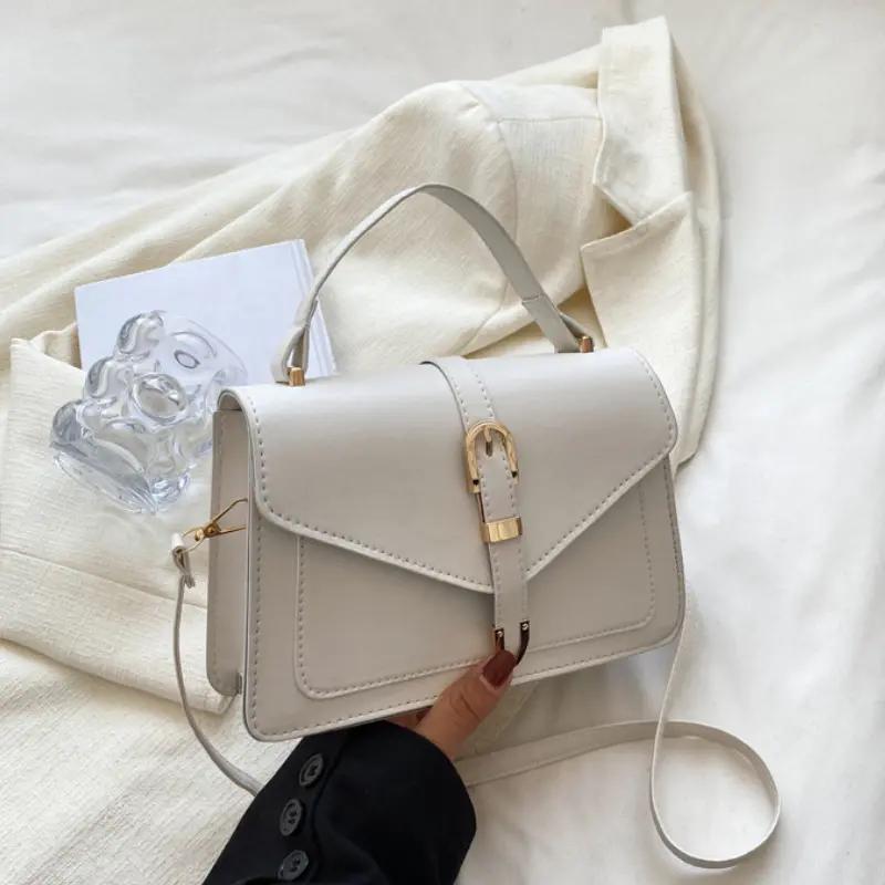 White PU Crossbody Bag with Buckle Closure and Metallic Accents for Women