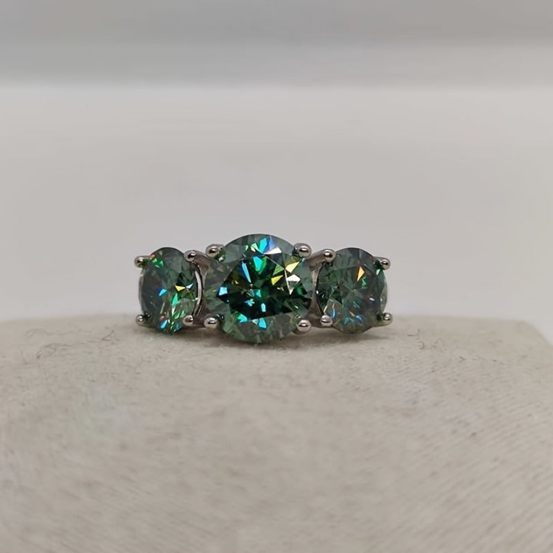 Sterling Silver Ring with 2 Carat Moissanite and Green Round-Cut Stones