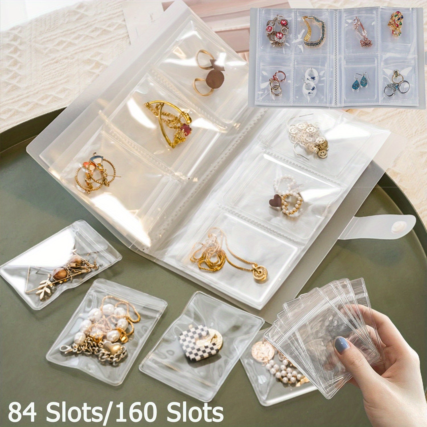 Portable Plastic Jewelry Storage Book with 84/160 Clear Pockets for Earrings Rings and Necklaces