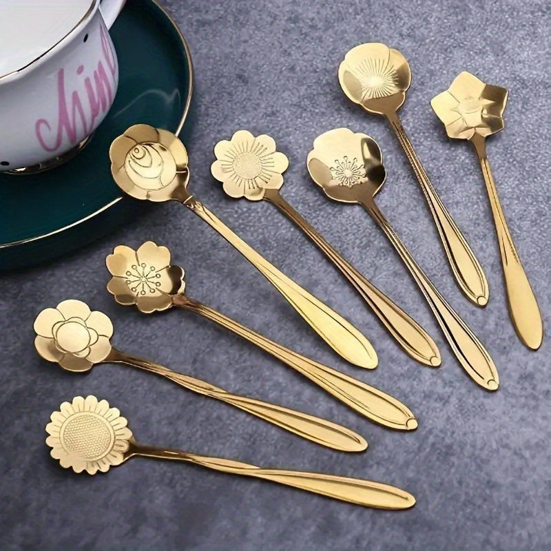 Set of 8 Stainless Steel Flower Design Coffee Spoons for Tea and Dessert