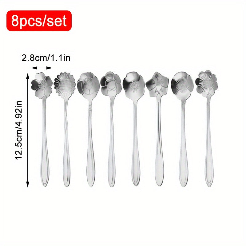 Set of 8 Stainless Steel Flower Design Coffee Spoons for Tea and Dessert