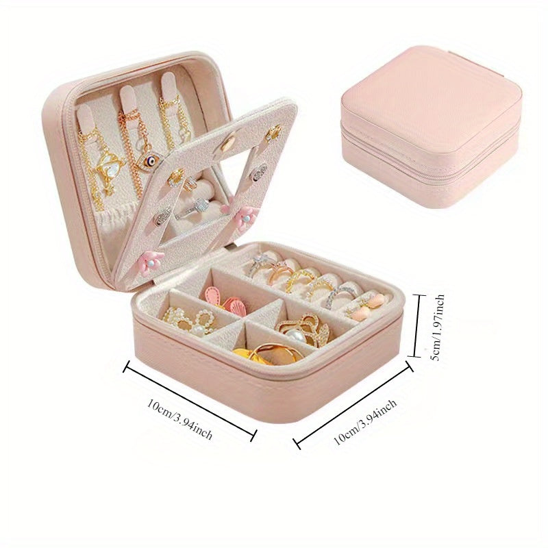 Faux Leather Jewelry Box with Mirror and Earring Necklace Organizer Storage Case for Gifts