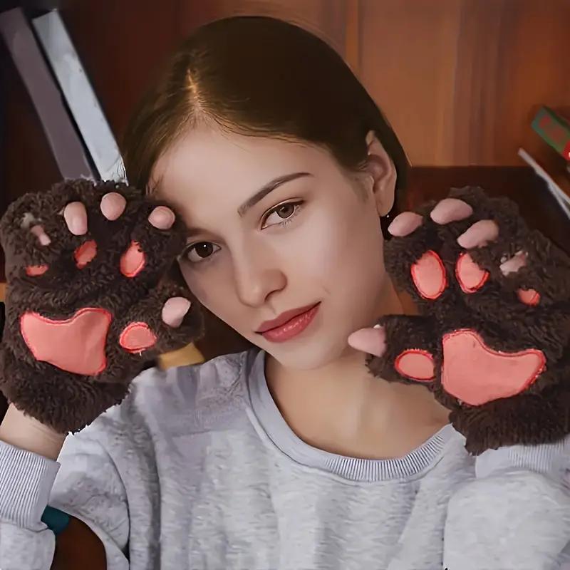 Women's Cozy Cat Claw Plush Half-Finger Gloves Warm Autumn Winter Fashion