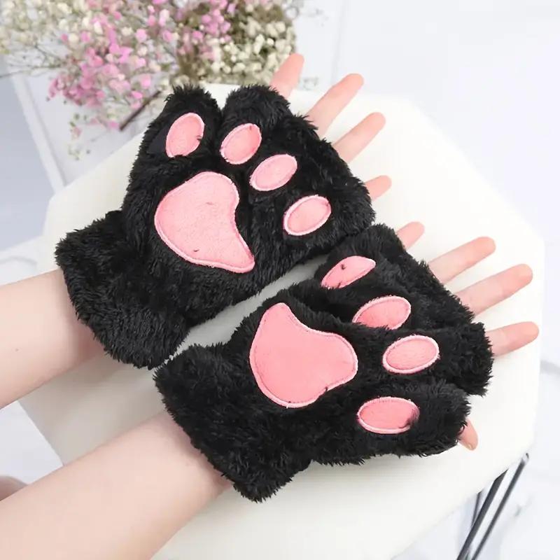 Women's Cozy Cat Claw Plush Half-Finger Gloves Warm Autumn Winter Fashion
