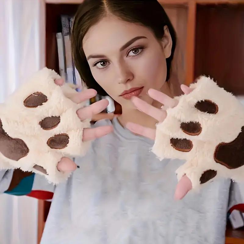 Women's Cozy Cat Claw Plush Half-Finger Gloves Warm Autumn Winter Fashion