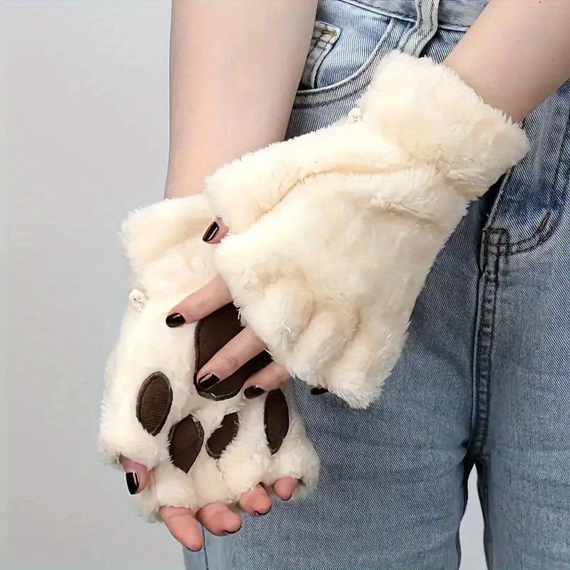 Women's Cozy Cat Claw Plush Half-Finger Gloves Warm Autumn Winter Fashion