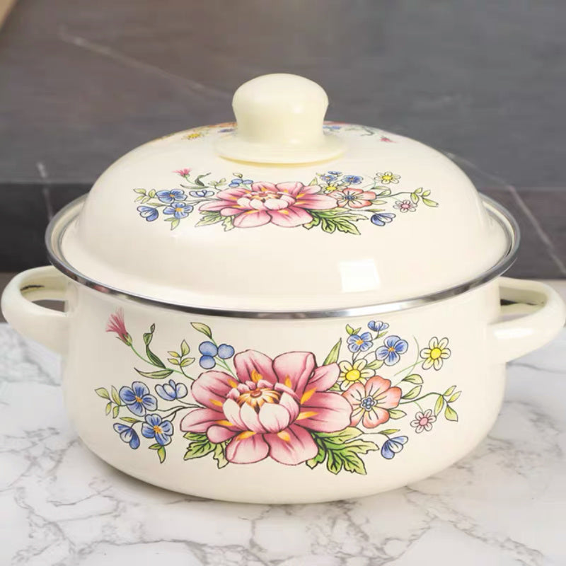 Enamel Cookware Set 3-Piece Floral Design Pots for Soup Stew Boiling