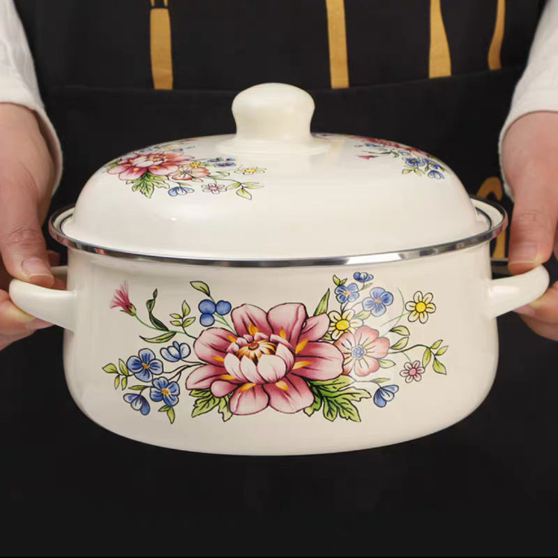 Enamel Cookware Set 3-Piece Floral Design Pots for Soup Stew Boiling