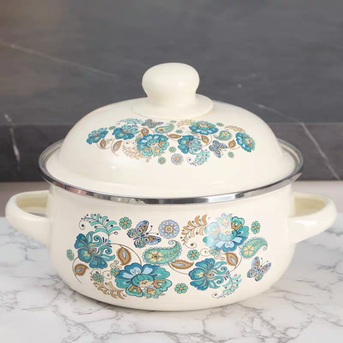Enamel Cookware Set 3-Piece Floral Design Pots for Soup Stew Boiling