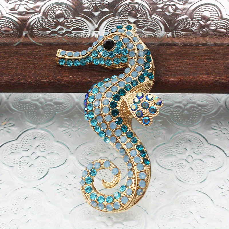 Vintage Seahorse Brooch with Glittering Rhinestones - Retro Ocean-Inspired Style Statement, Seahorse Pin