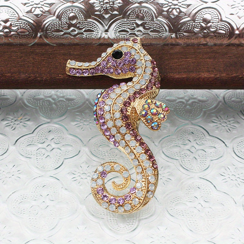 Vintage Seahorse Brooch with Glittering Rhinestones - Retro Ocean-Inspired Style Statement, Seahorse Pin