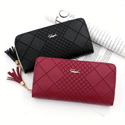 Red Quilted Long Wallet for Women with Tassel Detail and Zipper Closure