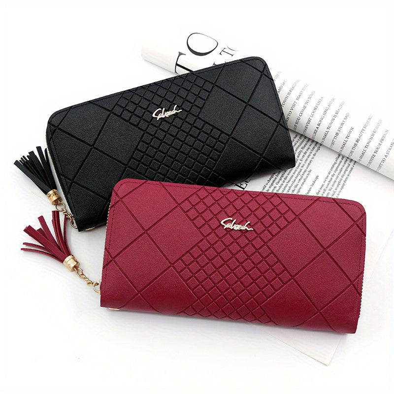 Red Quilted Long Wallet for Women with Tassel Detail and Zipper Closure