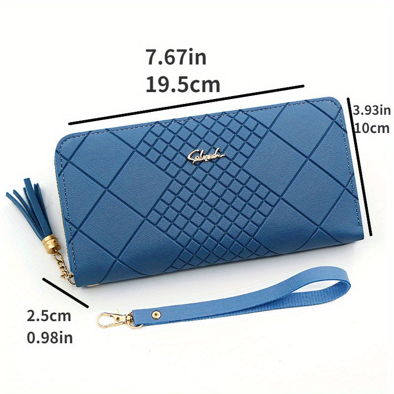 Красный стеганый длинный кошелек с кисточкой и несколькими отделениями, застежка на молнии для надежного повседневного использования.