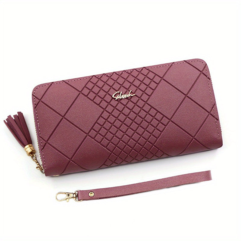 Red Quilted Long Wallet for Women with Tassel Detail and Zipper Closure