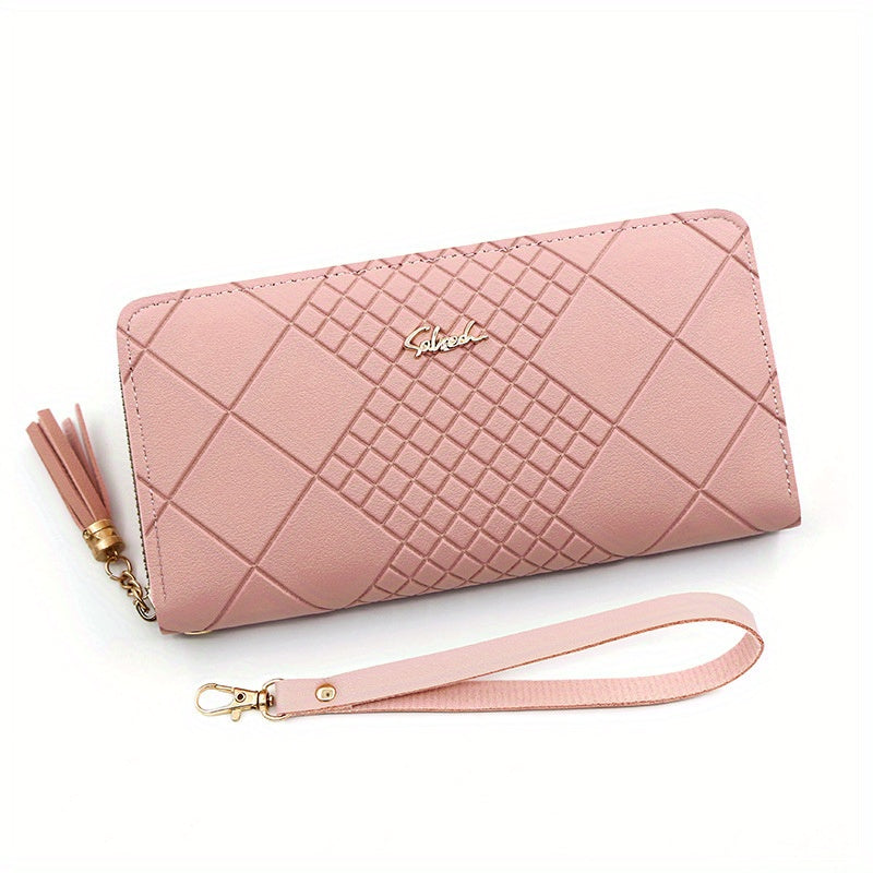 Red Quilted Long Wallet for Women with Tassel Detail and Zipper Closure