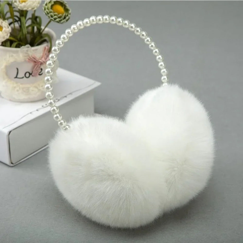 Winter Earmuffs for Women Plush Fabric Pearl Accents Warm Outdoor Fashion