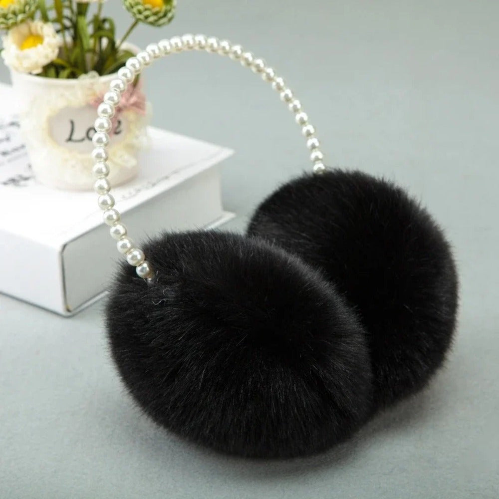 Winter Earmuffs for Women Plush Fabric Pearl Accents Warm Outdoor Fashion