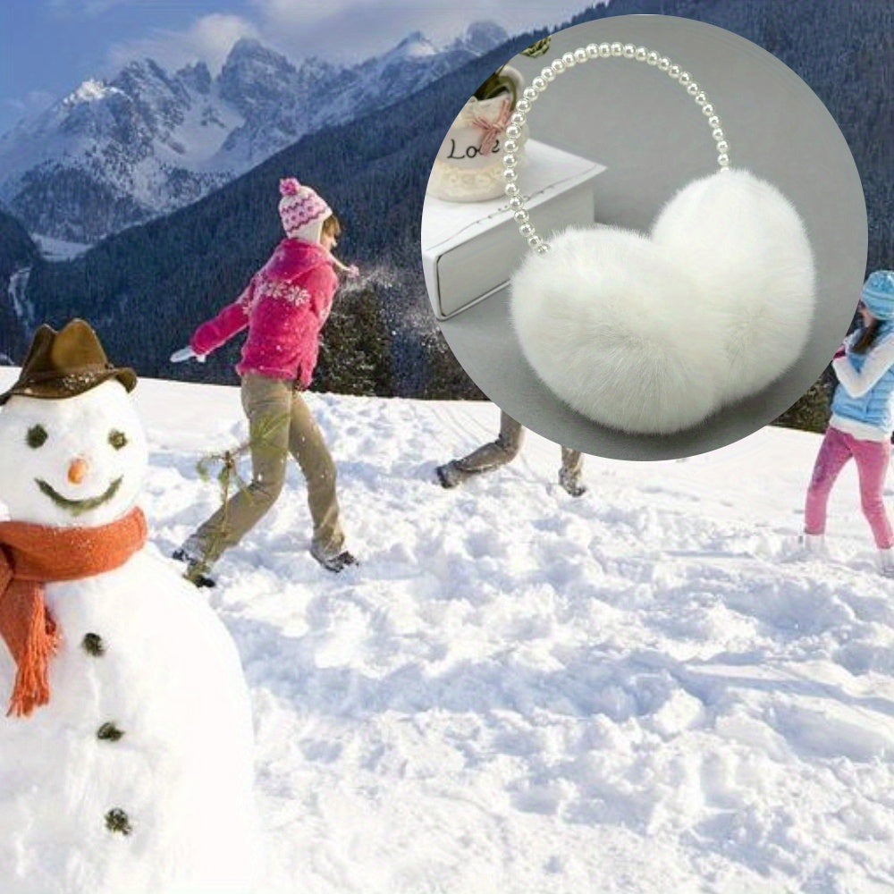 Winter Earmuffs for Women Plush Fabric Pearl Accents Warm Outdoor Fashion