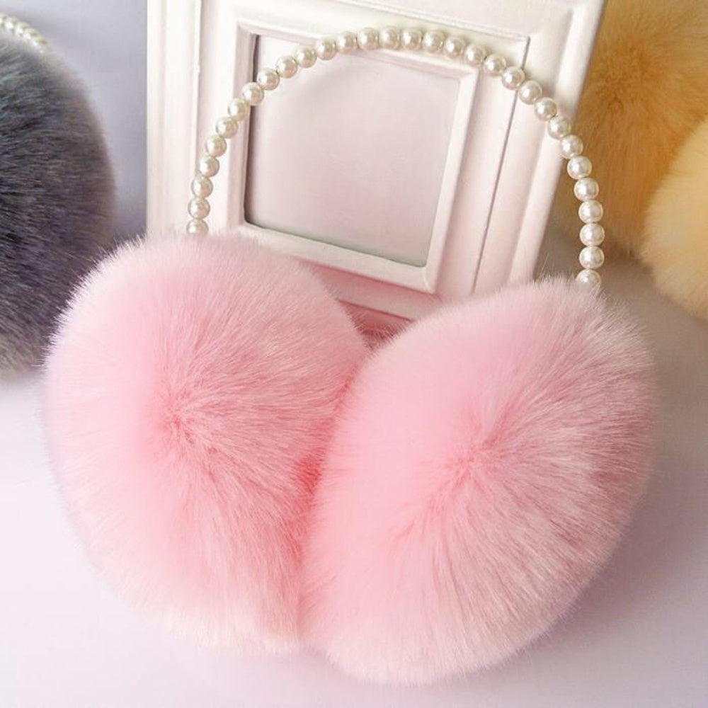 Winter Earmuffs for Women Plush Fabric Pearl Accents Warm Outdoor Fashion