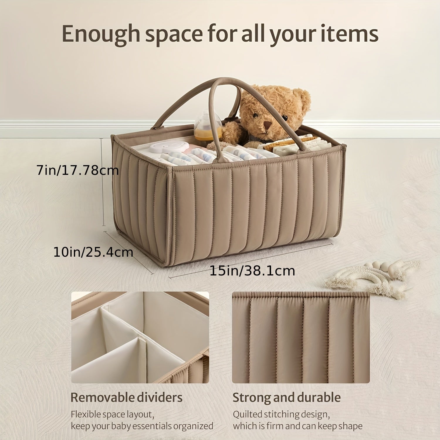 Nursery Storage Basket with Handle for Diapers Clothes and Toys Gray Polyamide