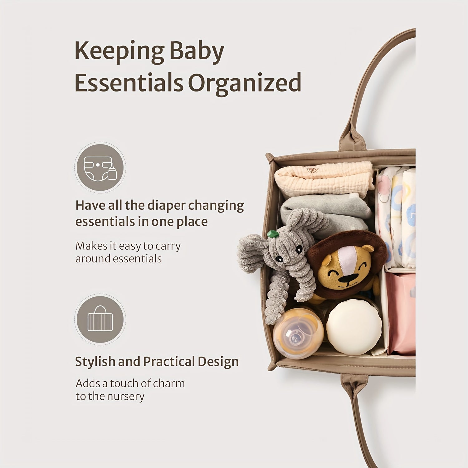 Nursery Storage Basket with Handle for Diapers Clothes and Toys Gray Polyamide