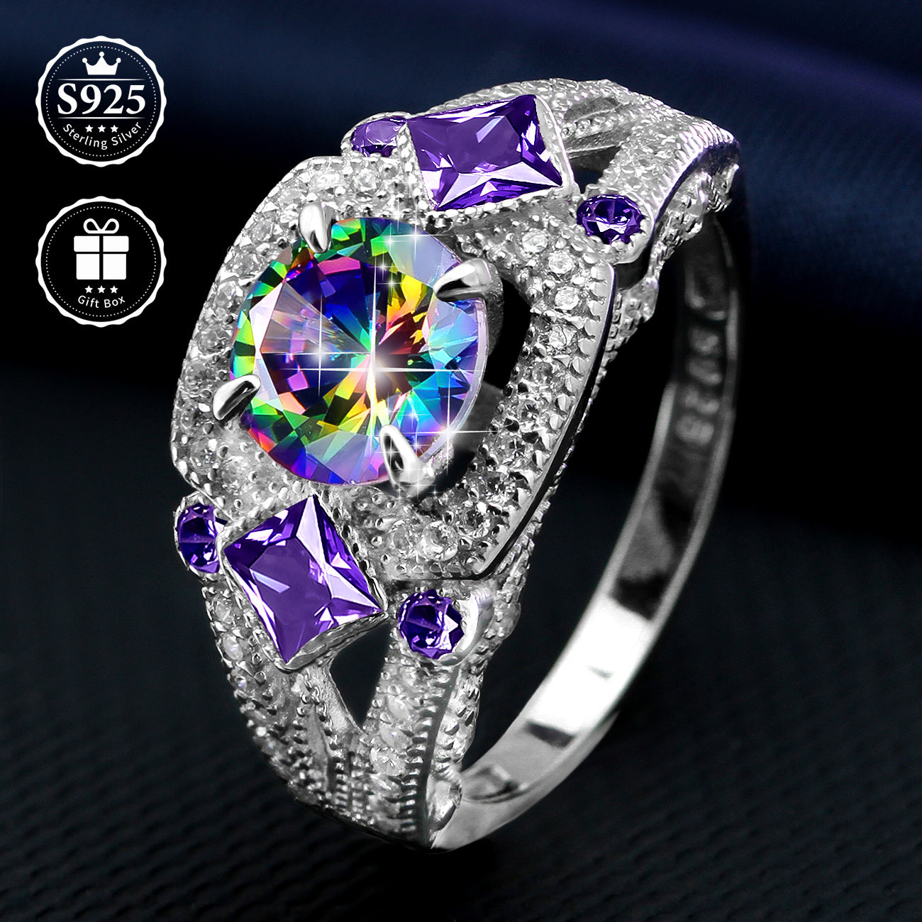 Sterling Silver Ring with 24K Gold Plating Multicolor Cubic Zirconia and Purple Gemstones for Weddings and Parties