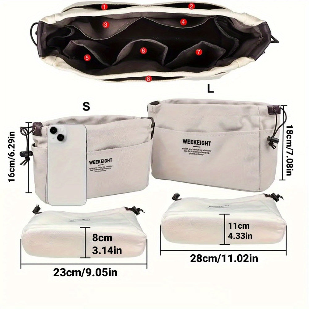 Multi-Compartment Bag Organizer for Totes and Shoulder Bags with Drawstring Pouch