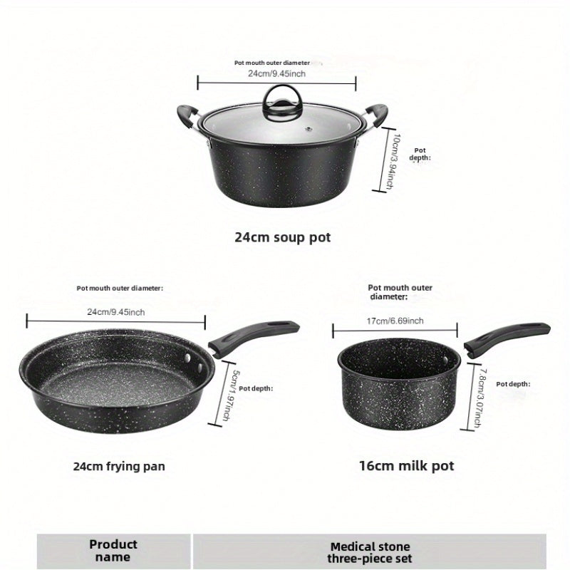 Juego de 3 utensilios de cocina antiadherentes de piedra Maifan, wok, olla para sopa, sartén