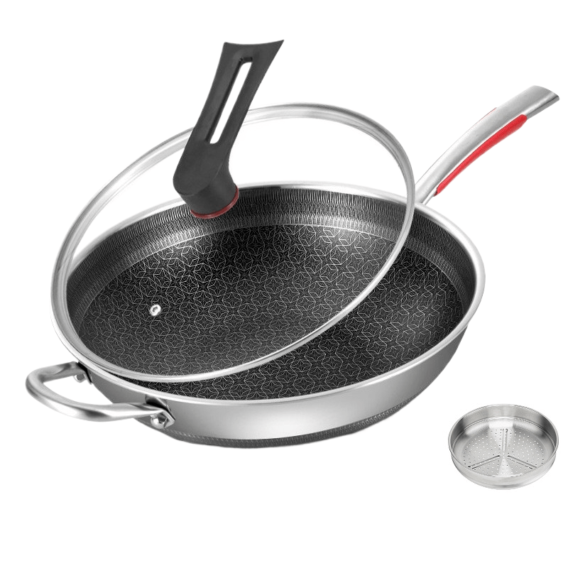 Tri-Ply Stainless Steel Frying Pan with Glass Lid, Smokeless, Dual-Sided Design