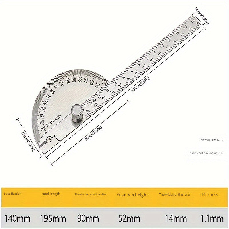 Stainless Steel Angle Measuring Ruler Protractor for Woodworking and Metal
