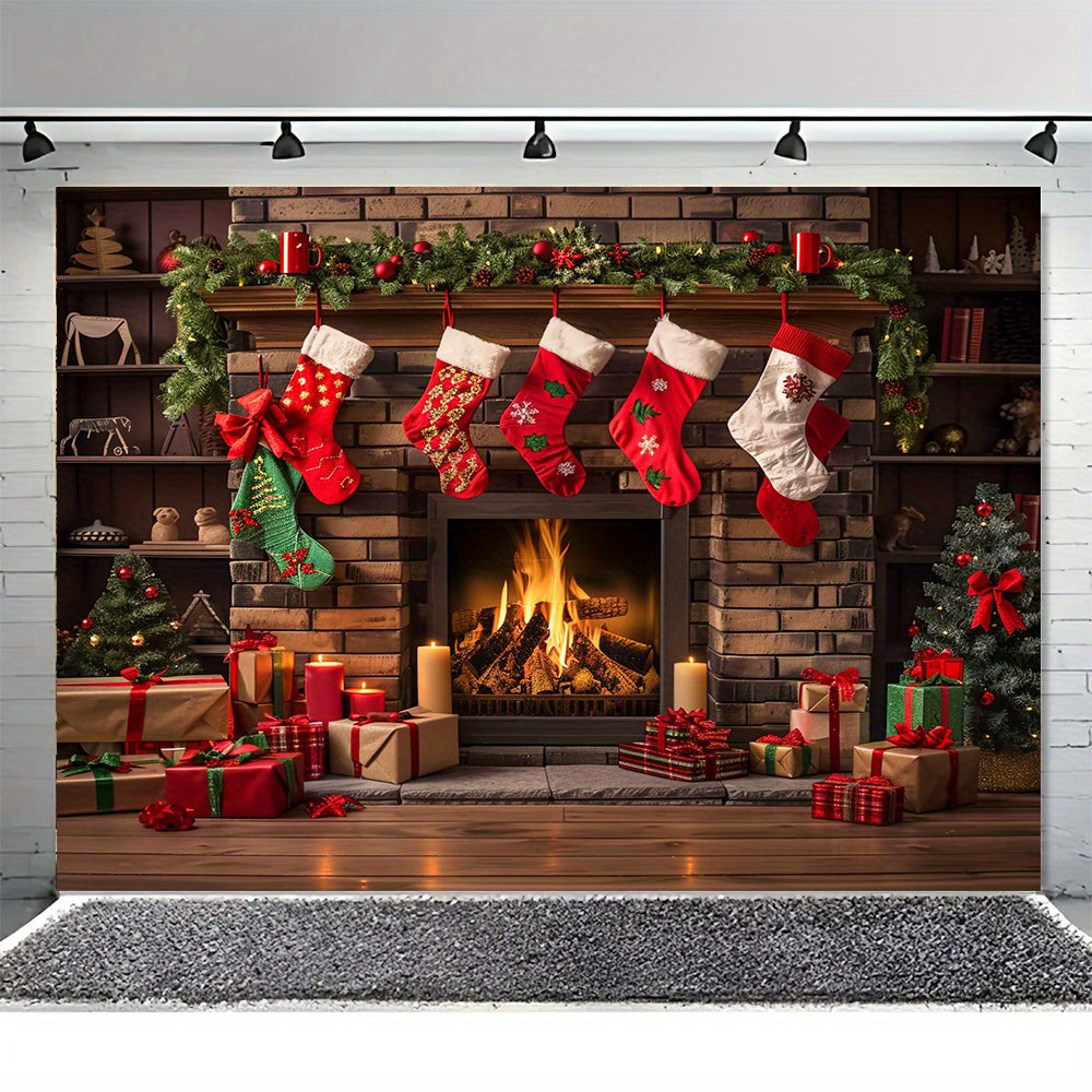 Winter Fireplace Christmas Backdrop Polyester Indoor Outdoor Multiple Sizes